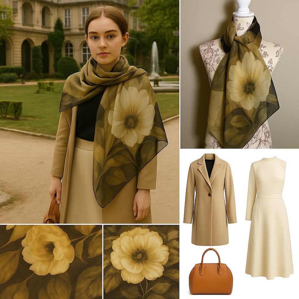 Gottex Sheer Floral Silk Scarf Wrap – Neutral Gold & Black